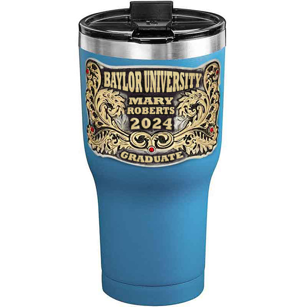 A customized tumbler made of stainless steel with a personalized engraved name and Baylor University lettering, 30 oz, ideal for coffee or cool drinks